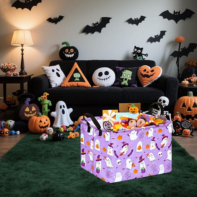FUULOXE Halloween Empty Storage Basket with Handles Open Gifts&Candy Spooky Basket stuffers for Kids Baby Collapsible Women Organizer Bins Toys Boxes for Shelves Home Office