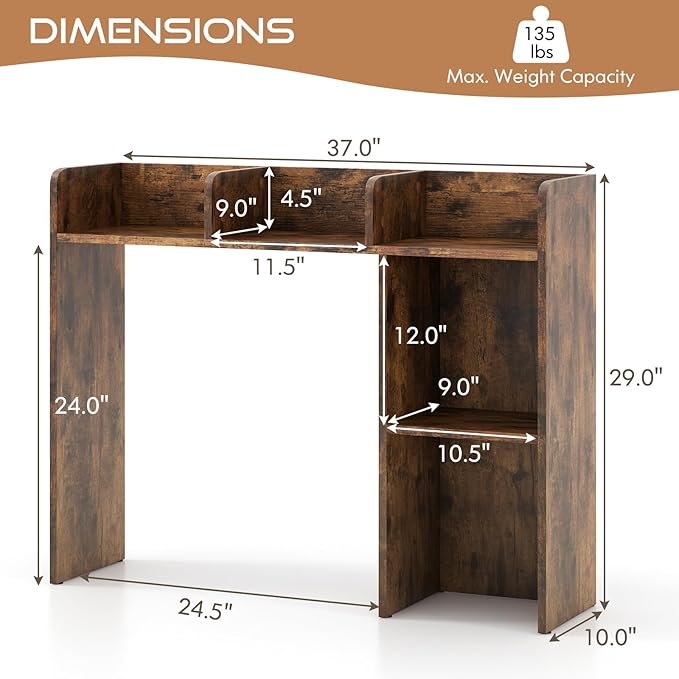 Tangkula Desktop Bookshelf, Countertop Storage Hutch with 5 Shelves for Computer Desk, 3-Tier Display Rack, Multipurpose Wood Desktop Hutch Storage Organizer for Dorm Office, Brown