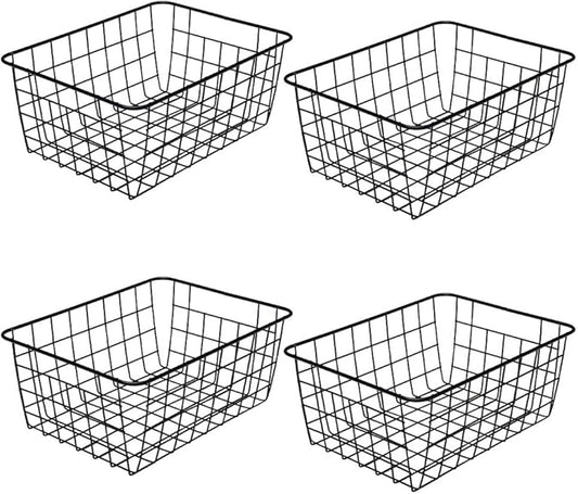 LeleCAT Wire Storage Baskets,Metal Wire Food Storage Organizer Bin Basket with Handles for Kitchen Cabinets, Pantry, Bathroom, Closets, Garage,Black 4 Pack