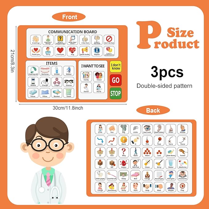 3 Pcs Communication Boards for Non Verbal Adults 11.81 x 8.27 Inches Colorful Picture Symbol Communication Cards Speech Therapy Tools for Autism Aphasia Stroke Patients Hospital Care Home Use