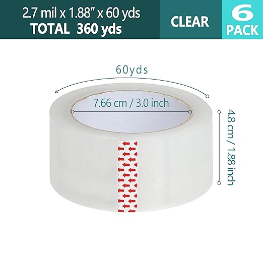 AUSTARK 6 Rolls Clear Packing Tape with Dispenser, 2.7 mil, 1.88 inch x 60 Yards Per Roll, Shipping Tape for Packaging Sealing Moving