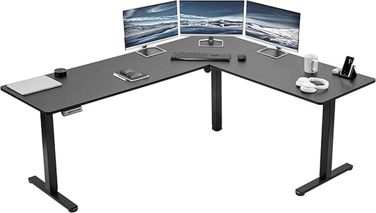 VIVO Electric Corner 75 x 63 inch L-Shaped Standing Desk, Memory Height Adjustment, Black Top Black Frame, DESK-E3CTB-75