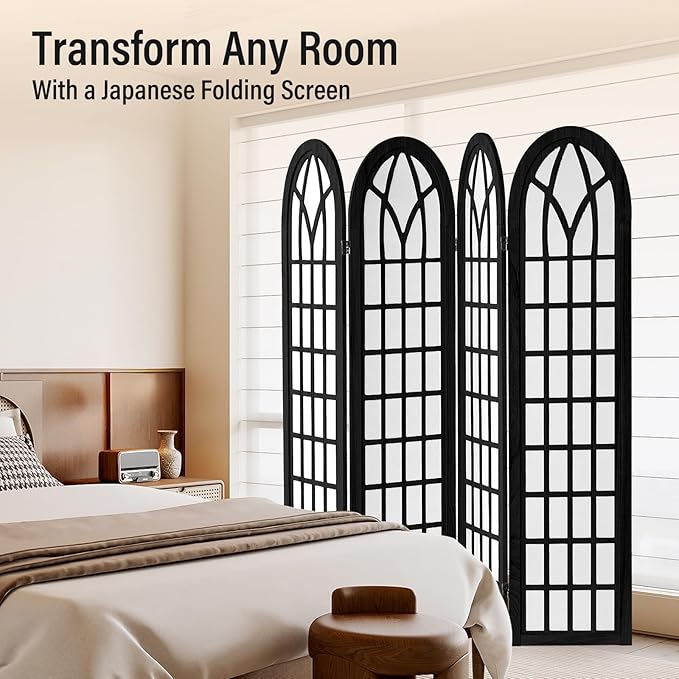 ALeesing Folding Room Divider Privacy Screen Freestanding 4-Panel Shoji Style Wooden Frame Decorative Partition Wall for Bedroom Office Apartment Black