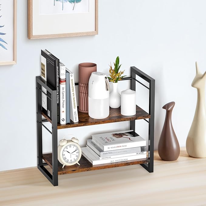 ART-GIFTREE Office Desk Shelf Organizer, Wood Desktop Bookshelf Supplies Storage Rack, Shelf for Top of Desk and Dresser (Brown-2 Tier)