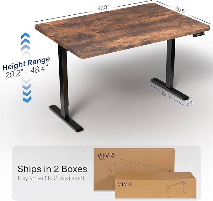 VIVO Electric 48 x 30 in Rustic Standing Desk, Memory Height Adjustment, 1B Series, Holds 220 lbs, One-Piece Vintage Brown Top, Black Frame, DESK-KIT-1B5N