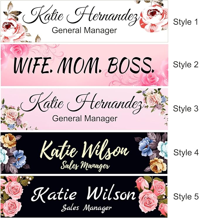2" x 8" Custom Name Plate for Desk, Office Aluminum Desk Name Plate Personalized with Pretty Roses Pattern-(5 Styles)