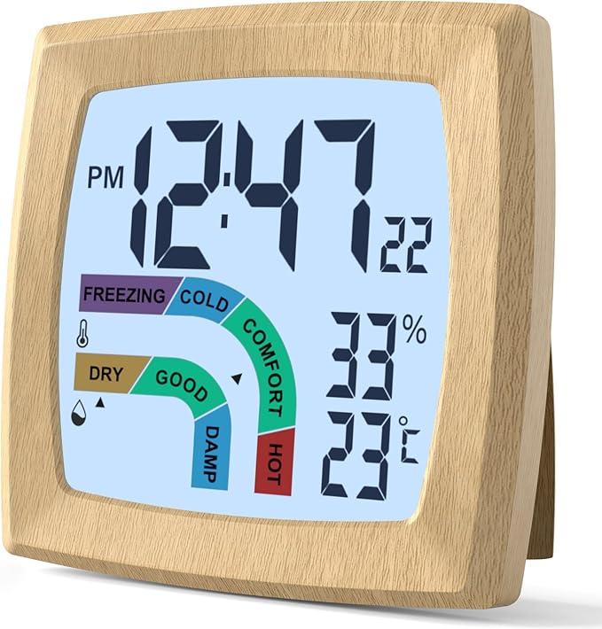 VOILEIPAGI Travel Alarm Clock Bedside Clock with Auto Backlight, Battery Powered Alarm Clock Temperature and Humidity, Second, Date, 12/24H, Wood Grained Small Clock Digital Alarm Clocks for Bedrooms