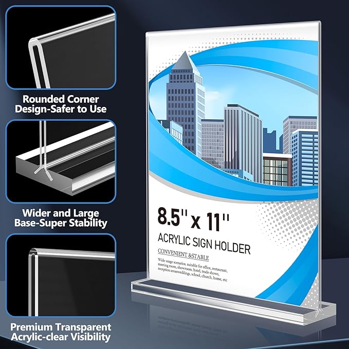 Eocnrhe Acrylic Sign Holder 8.5 x 11 10 Pack, Double-Sided Clear Sign Holder Plastic Stands for Display, Table Sign Stands, T Shape Flyer Holder