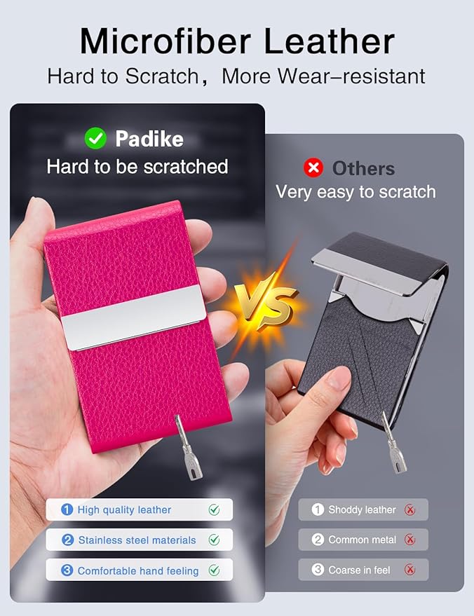 Padike PU Leather Business Card Holder for Women Professional Business Name Card Holder Stainless Steel Business Card Case with Magnetic Shut (Rose red)