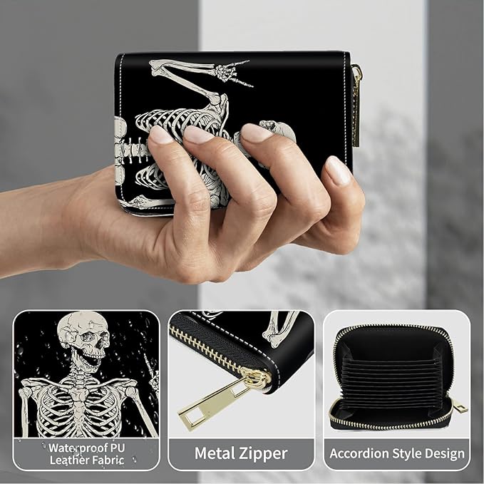 BWEGRHE Cute Credit Card Holder with Zipper, Skull Skeleton RFID-Blocking Card Case Small Wallet for Women Men, Multi-slot Card Organizer Case Travel Accordion Wallet