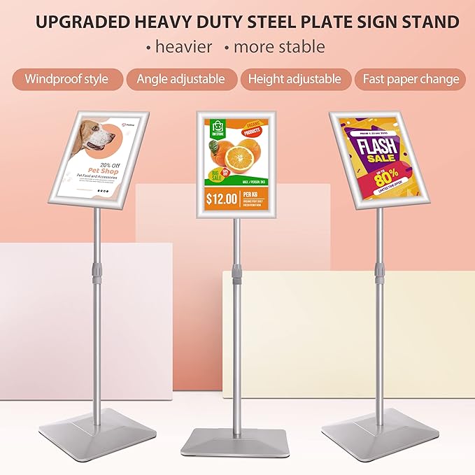 VAIIGO 8.5"x11" Pedestal Poster Stand with Heavy Duty Solid Steel Base, Adjustable Floor Standing Sign Holder for Vertical and Horizontal Display, Silver 3Pack