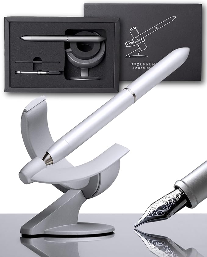 novium Hoverpen Future - Luxury Fountain Pen, Schmidt Nib (Fine), Converter, Extra Refill, Futuristic Aesthetic, Aerospace Metal, Best Pen Gift Set for Men & Women (Frost Silver)