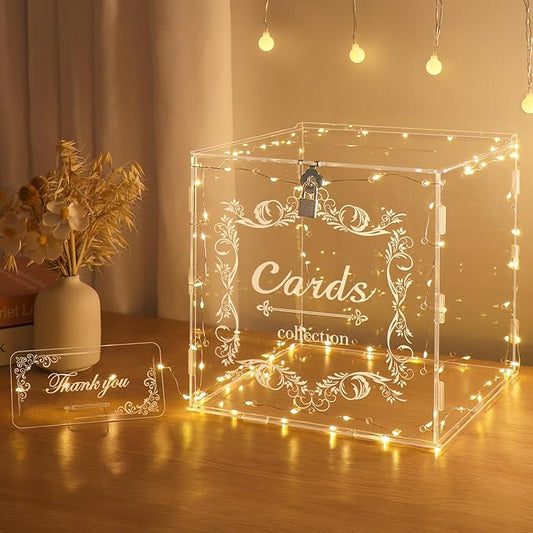 DIWNELEM Acrylic Wedding Card Box with Lock Clear Large Letter Envelope Box Acrylic Wedding Gift Card Box Money Box for Reception Baby Shower Birthday Party Graduation Decorations