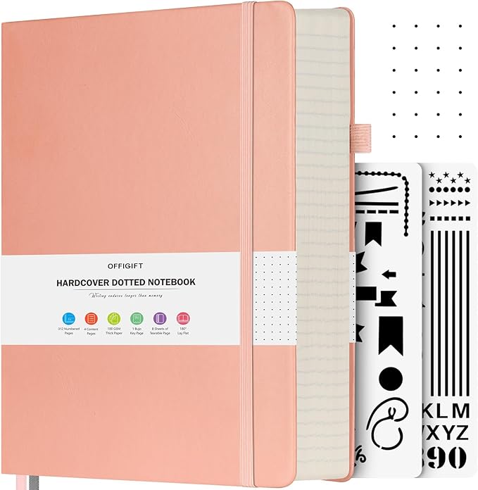 OFFIGIFT Dotted Journal Notebook, 312 Numbered Pages Large B5 Hardcover Leather Notebook, 100gsm No Bleed Paper Dot Grid Notebook with Index Pages, Dot Journal for Women Men, 7.6'' X 10'', Pink