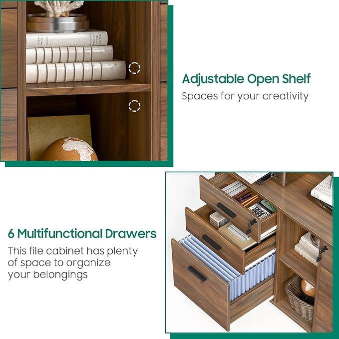 Lateral File Cabinet with Lock, Large Mobile Storage Filing Cabinet with 6 Drawers Fits Files Letter/A4 Size, Rolling Printer Stand with Open Storage Adjustable Shelf for Home Office, Brown