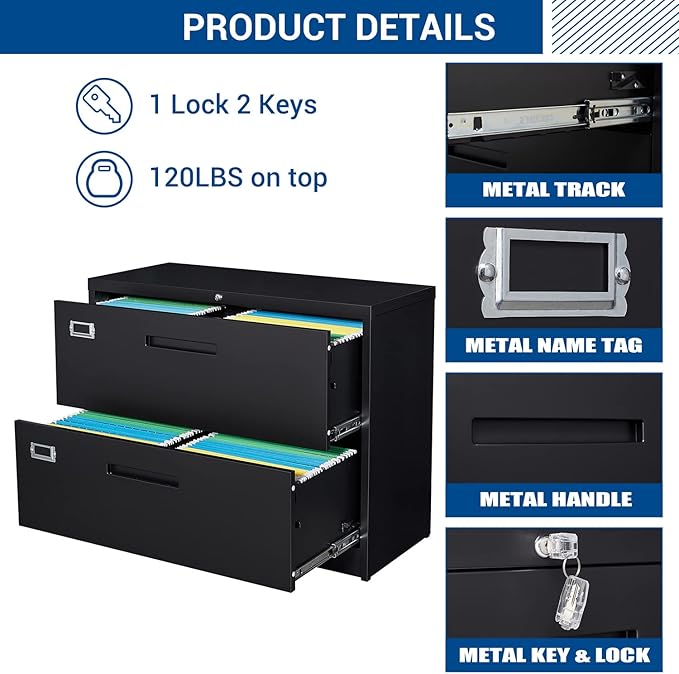 Fesbos Lateral File Cabinet with Lock, 2 Drawer Large Metal Filing Cabinet,Home Office Lockable Storage Cabinet for Hanging Files Letter/Legal/F4/A4 Size-Assembly Required