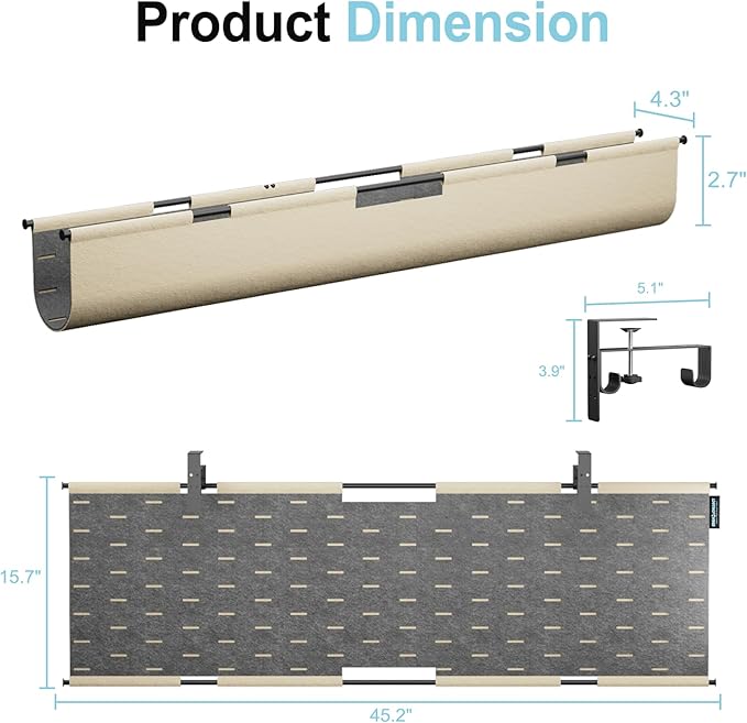 2-in-1 Under Desk Cable Management Tray & Privacy Panel, Dual-Sided Felt Cord Organizer to Hide Wires and Clutter, Desk Mount Cord Holder for Office and Home, Clamp or Screw Mount (Khaki/Gray, 45")