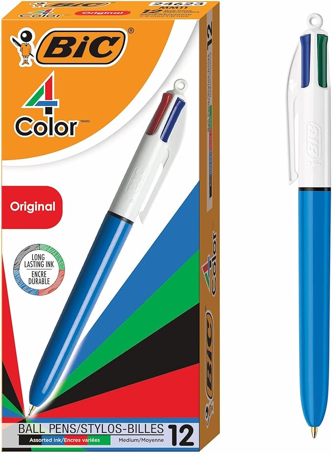 BIC 4-Color Retractable Ballpoint Pens with 1.0 mm Medium Point and Assorted Ink Colors, 12-Count Pack