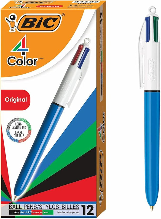 BIC 4-Color Retractable Ballpoint Pens with 1.0 mm Medium Point and Assorted Ink Colors, 12-Count Pack