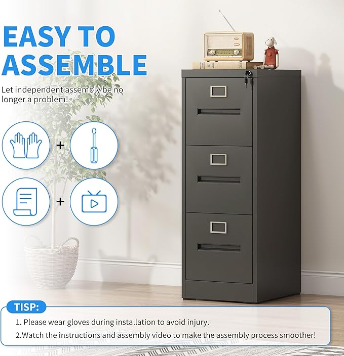 Yukimo 3 Drawer File Cabinet, Vertical File Cabinet with Lock, Metal Locking Filing Storage Cabinet for Home Office, Hanging Files for A4/ Legal/Letter, Assembly Required, Black