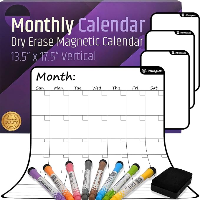 Large Dry-Erase Magnetic Monthly Calendar + Free Bonus: 3 Grocery/to-Do List Whiteboards (Organizer/Planner) for Kitchen Fridge - Full Set: 8 Markers + Eraser | Stain Free | Vertical