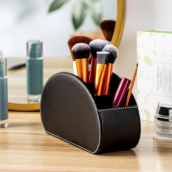 BONNY DODO Remote Control Holders Organizer Box with 5 Compartment PU Leather Multi-functional Office Desk Storage Caddy Store Tv Remote for Media Player,Brush,Pencil,Glassees&Office Supplies (BlACK)