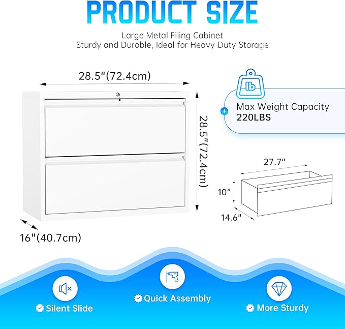 Greenvelly 2 Drawer File Cabinet, Metal Filing Cabinet with Lock, White Lateral File Cabinet for Home Office, Locking File Cabinet for Letter/Legal/F4/A4 Size Hanging Files, Easy Assembly