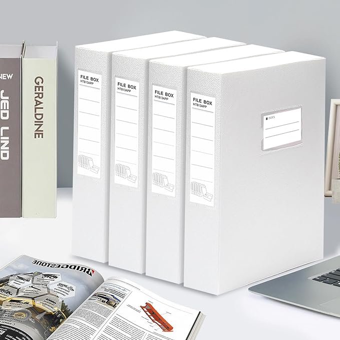 HUA JIE 2 Pack A4 Storage File Boxes Archives Case,65mm Spine,Box File Document Storage Box with Metal Clip for Office School -White