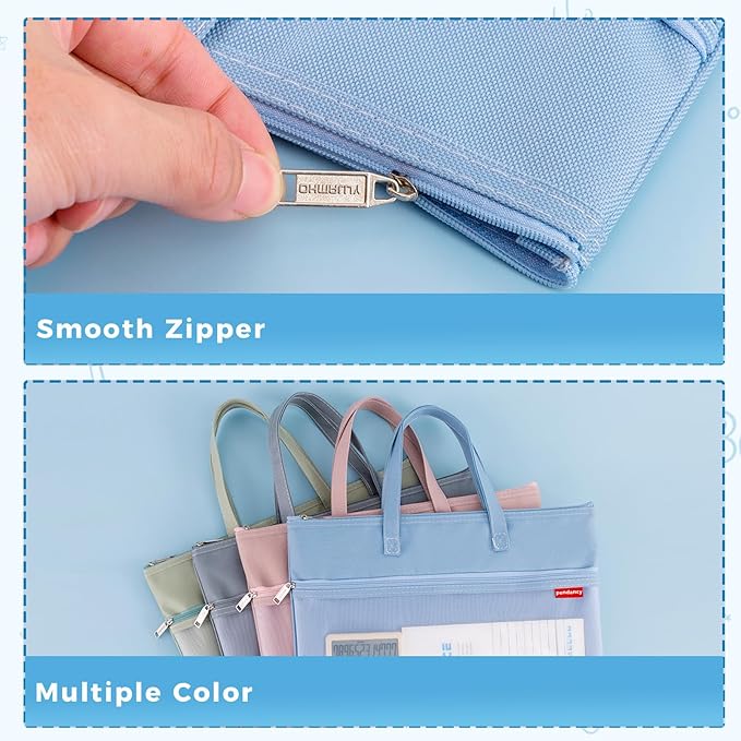 Pendancy Mesh Zipper Pouch A4 Size, Large Double Pocket Waterproof File Bag with Handle, 11x13.8 in Foldable Document Storage for Puzzle Project/Cross Stitch/Travel/Office（Advanced Blue）