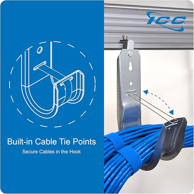 ICC Beam Clamp J Hook 2” with Retainer Clip - Galvanized Steel Cable Management Hooks for Hanging Cable to Beams - Rust-Resistant, EIA and TIA Compliant - 2 Inch 25 Pack