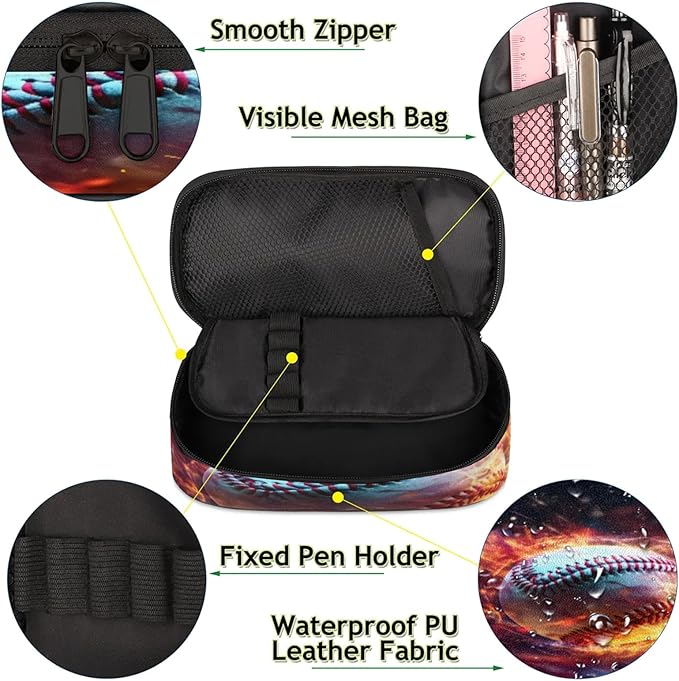 Pardick Pencil Case，Baseball Fire Big Capacity Pencil Pouch Coin Pouch Stationery Organizer For Teen School