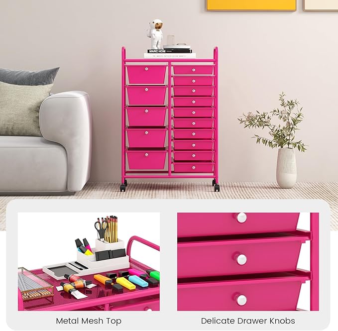 GLACER 15 Drawers Rolling Cart, Storage Cart with w/Removable Drawers & Steel Frame, Multipurpose Organizer Cart w/Sleek Handle, Utility Cart on Lockable Wheels for Home, School, Office (Hot Pink)