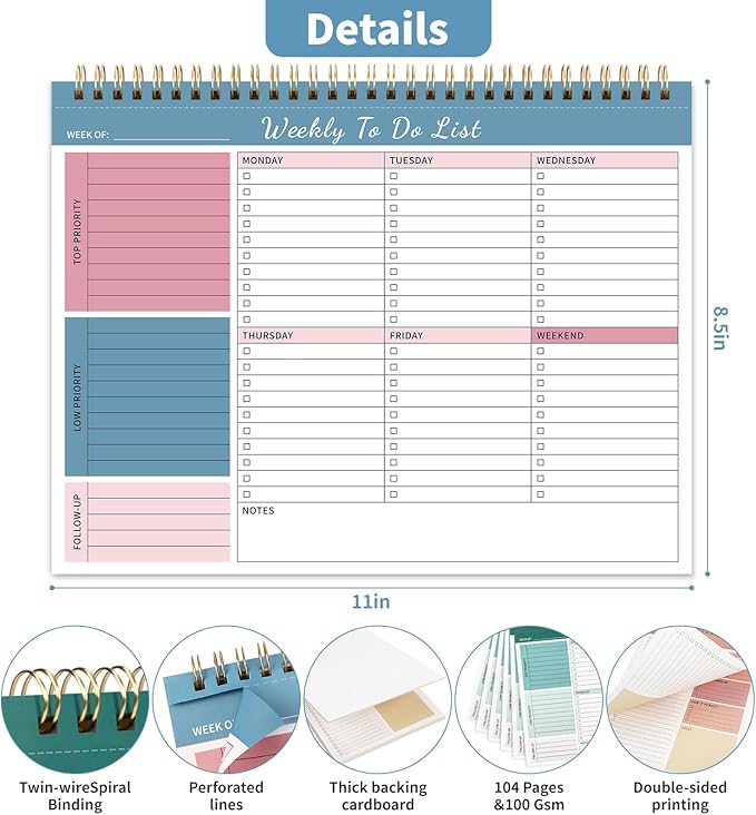 104 Pgs Weekly To Do List Notepad, 52 Duplex-Printed Undated Sheets 100 GSM（8.5"×11") Weekly Desk Planner For Work Home School Office Desk Accessories Supplies & Goal Setting Tasks - Blue