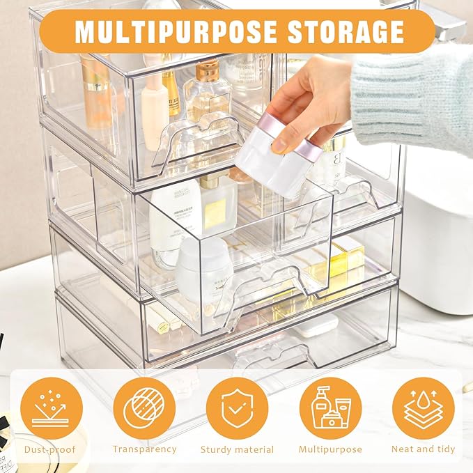 Stebopum 3 Pack Stackable Storage Drawers Clear Acrylic Organizer Makeup Bathroom Organizer and Storage for Beauty Supplies,Ideal for Vanity, Cabinet,Bathroom,Pantry Organization