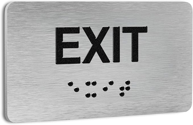 Exit Signs for Business and Office Sign, ADA Signs with Raised Text & Grade 2 Braille, Easy Installation with Adhesive Pad – Brushed Aluminum/Silver