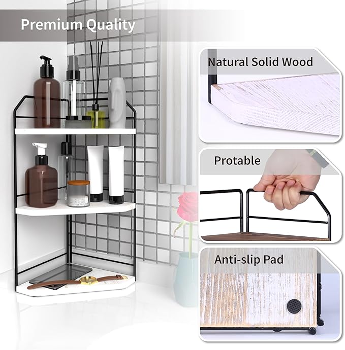 INIUNIK Corner Bathroom Counter Organizer - 3 Tier Wood Vanity Counter Shelf Perfume Skincare Holder, Countertop Corner Shelf Organizer for Bathroom, Kitchen, Rustic White