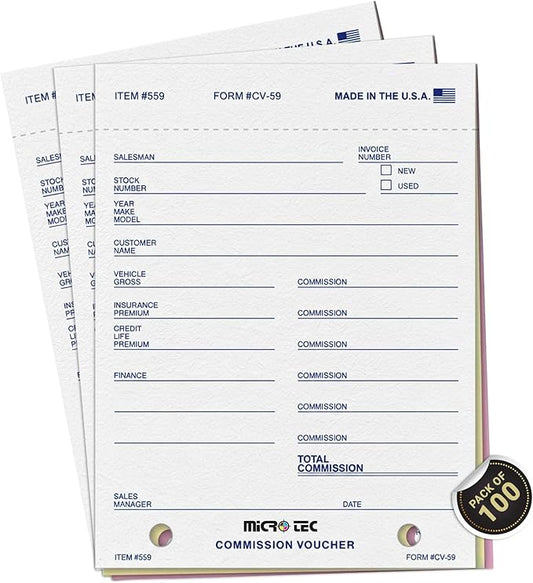 Commission Voucher Book CV-59-3 Part Carbonless Forms, Triplicate NCR Receipt Book, Snap-Out Pre-Punched with File Holes Commission Vouchers, Blue Ink, 4.25 x 5.625 Inch - Pack of 100