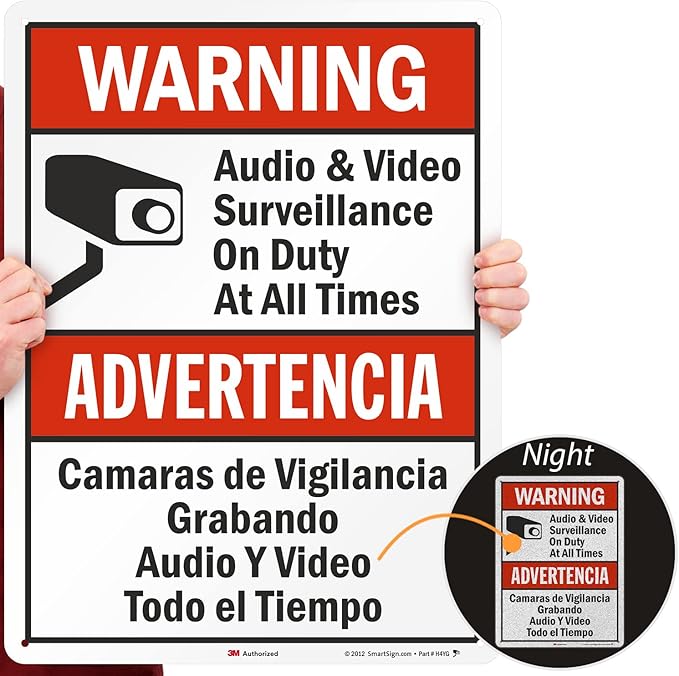 SmartSign 24 x 18 inch “Warning - Audio & Video Surveillance On Duty At All Times” Bilingual Sign, 80 mil Aluminum, 3M Laminated Engineer Grade Reflective Material, Red, Black and White, USA-Made