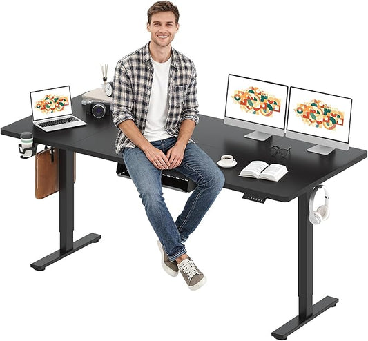 SANODESK Electric Standing Desk 79 x 32 Inches Height Adjustable Stand Up w/6-Button Ergonomic Computer Desk with Splice Board for Home Office, Black Frame + Black Tabletop
