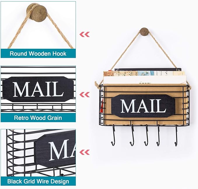 SRIWATANA Mail Key Holder for Wall, Mail Organizer Wall Mount, Small Size, Black