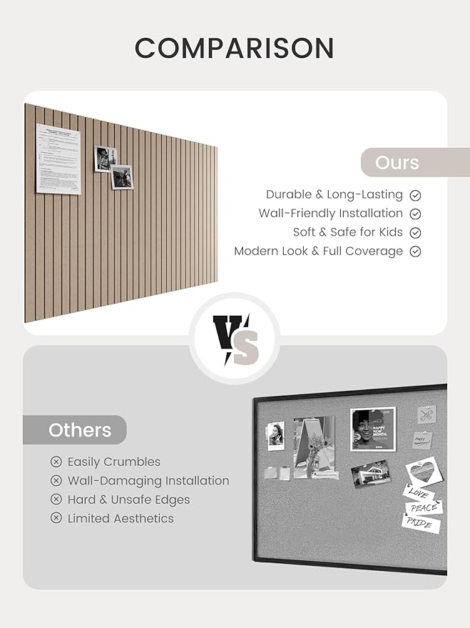 Bumusty Large Cork Board Alternative-47 x35 Felt Bulletin Board Tiles, with 30 Pushpins, 70 Adhesive Tabs, 12-Pack Slat Wall Paneling, Cork Boards for Office Push Pin Board Felt Board-Dark Camel