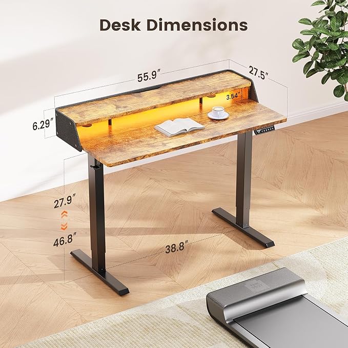 ErGear Standing Desk with LED Strip, 55″ x 28″ Electric Height Adjustable RGB Gaming Table with Shelf, Sit Stand Desk with Dual Cable Holes, C-Clamp Mount Compatible, 4 Preset Heights, Vintage Brown