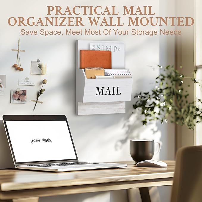 SeekElegant Mail Organizer Wall Mounted, 2-Slot Mail Holder for Wall, Wood Hanging Mail Organizer, File Paper Letter Envelope Bill Holder for Office Home Entryway (White)