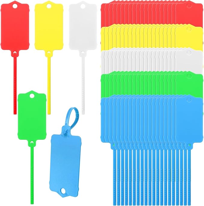 LeonBach 100 PCS Plastic Shipping Tags,1.46" x 2.48", Waterproof Labels Writable Hanging Tag with Sealing Strap,Shipping Cable Tie Label Tags for Keys Luggage Logistic Retail Inventory(Multicolored)