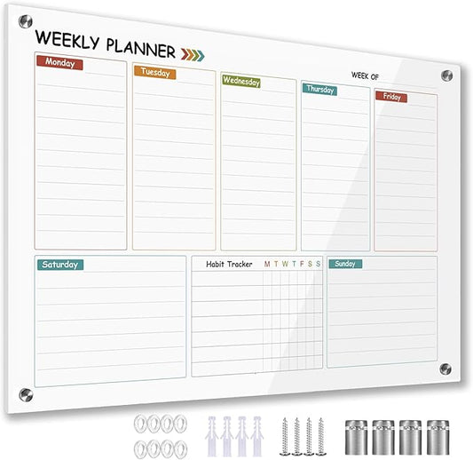 Glass Weekly Dry Erase Board for Wall 16"X 12",Colorful Weekly Calendar Whiteboard,to Do List Weekly Planner Whiteboard,Frameless Mounting,for Memo, School, Home, Office, Kitchen UV3040