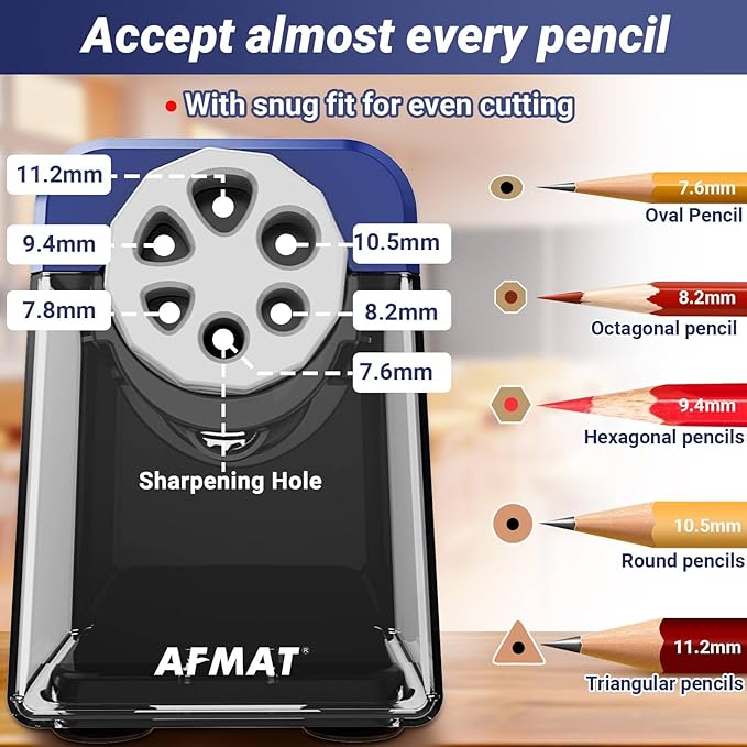 AFMAT Electric Pencil Sharpener Heavy Duty, 6 Holes, Auto Stop Pencil Sharpener for Artists, Classroom Electric Sharpener for 6-11mm Colored Pencils, 7000 Sharpenings, Fast Sharpen, Save Pencils PSX1