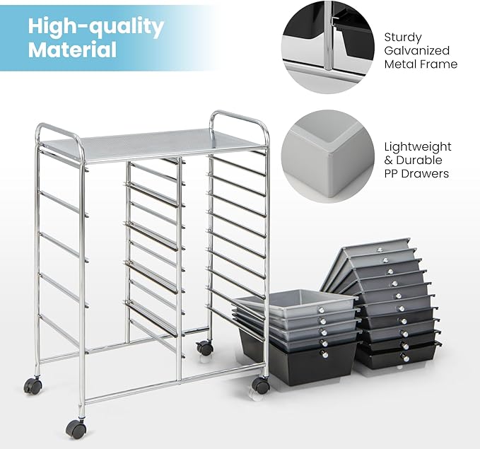 GLACER 15 Drawers Rolling Cart, Storage Cart with w/Removable Drawers & Steel Frame, Multipurpose Organizer Cart w/Sleek Handle, Utility Cart on Lockable Wheels for Home, School, Office (Grey)