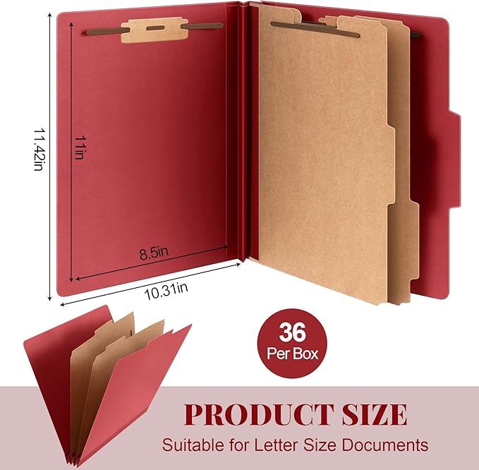 Skyygemm 36 Pcs Classification Folders Letter Size, 2 Divider Pressboard File Folders with 3. 5 Inch Expansion, 2 Prongs Fastener, Heavy Duty Office File Organizers for Teachers, Medical (Dark Red)