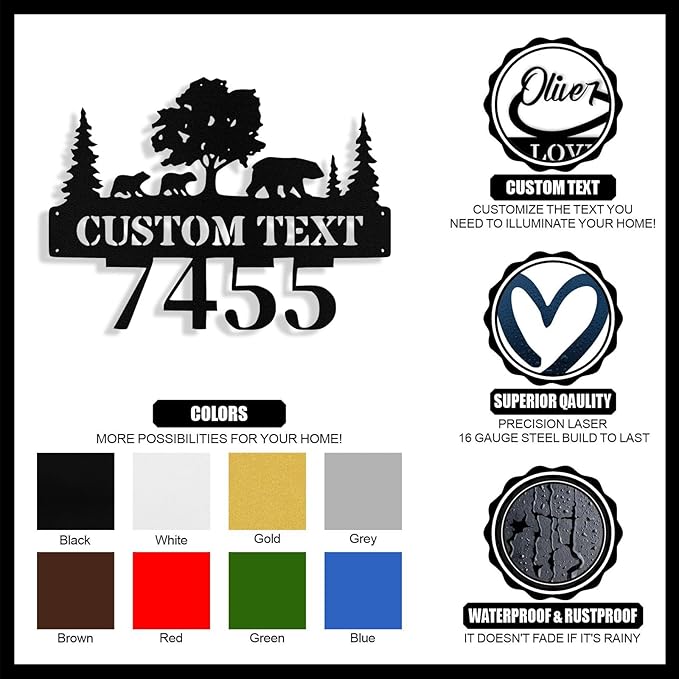 Custom Bear Metal House Number Sign Outside, Personalized Metal Address Signs Plague for Houses, Rustic Farmhouse Home Porch Yard Decor