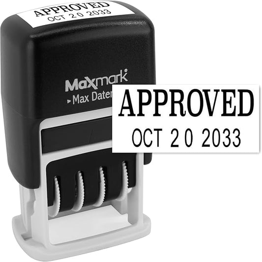 MaxMark Self-Inking Rubber Date Office Stamp with Approved Phrase & Date - Black Ink (Max Dater II), 12-Year Band
